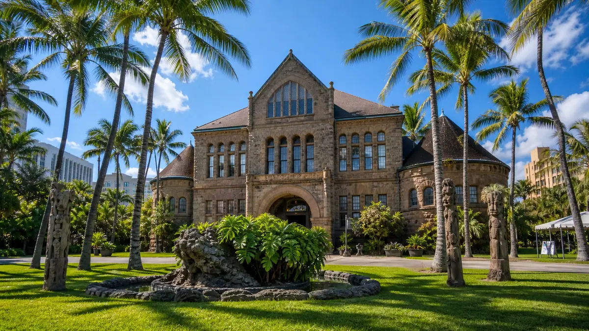 Photoreal Bishop Museum campus with historic architecture and palms on Oahu