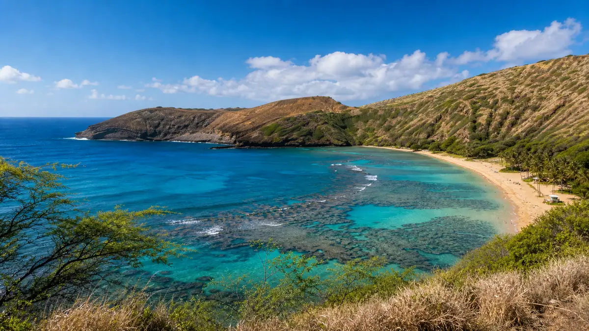 Photoreal Hanauma Bay overlook with turquoise water and volcanic shoreline on Oahu