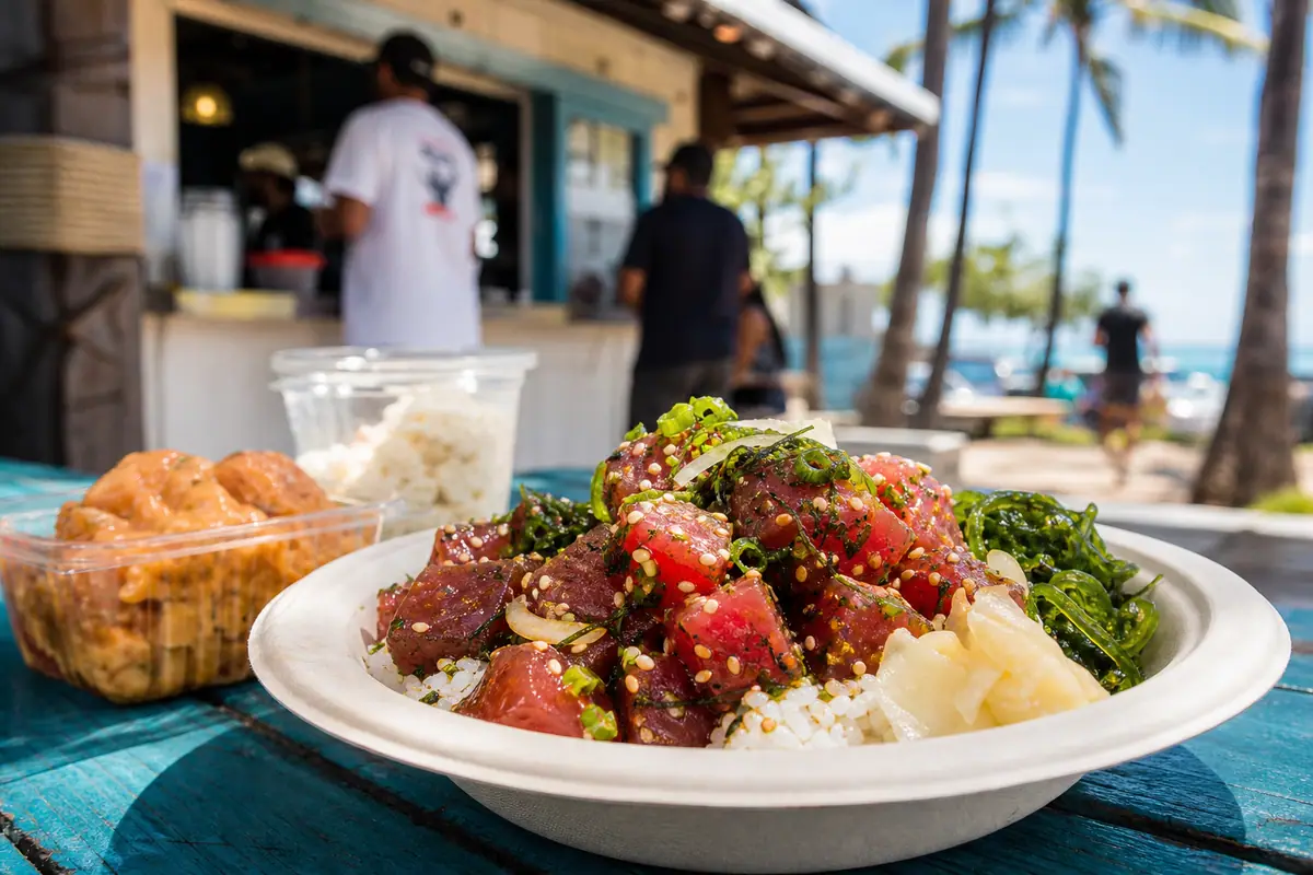 Photoreal fresh ahi poke bowl scene representing Ono Seafood on Oahu