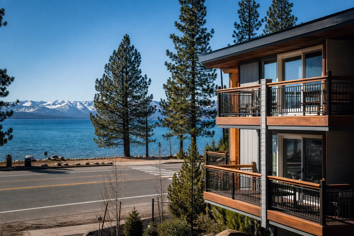 Photorealistic travel-editorial view of Hotel Azure Tahoe in South Lake Tahoe, California