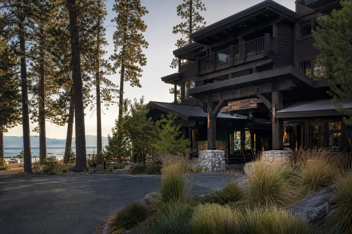 Photorealistic travel-editorial view of The Landing Resort and Spa in South Lake Tahoe, California