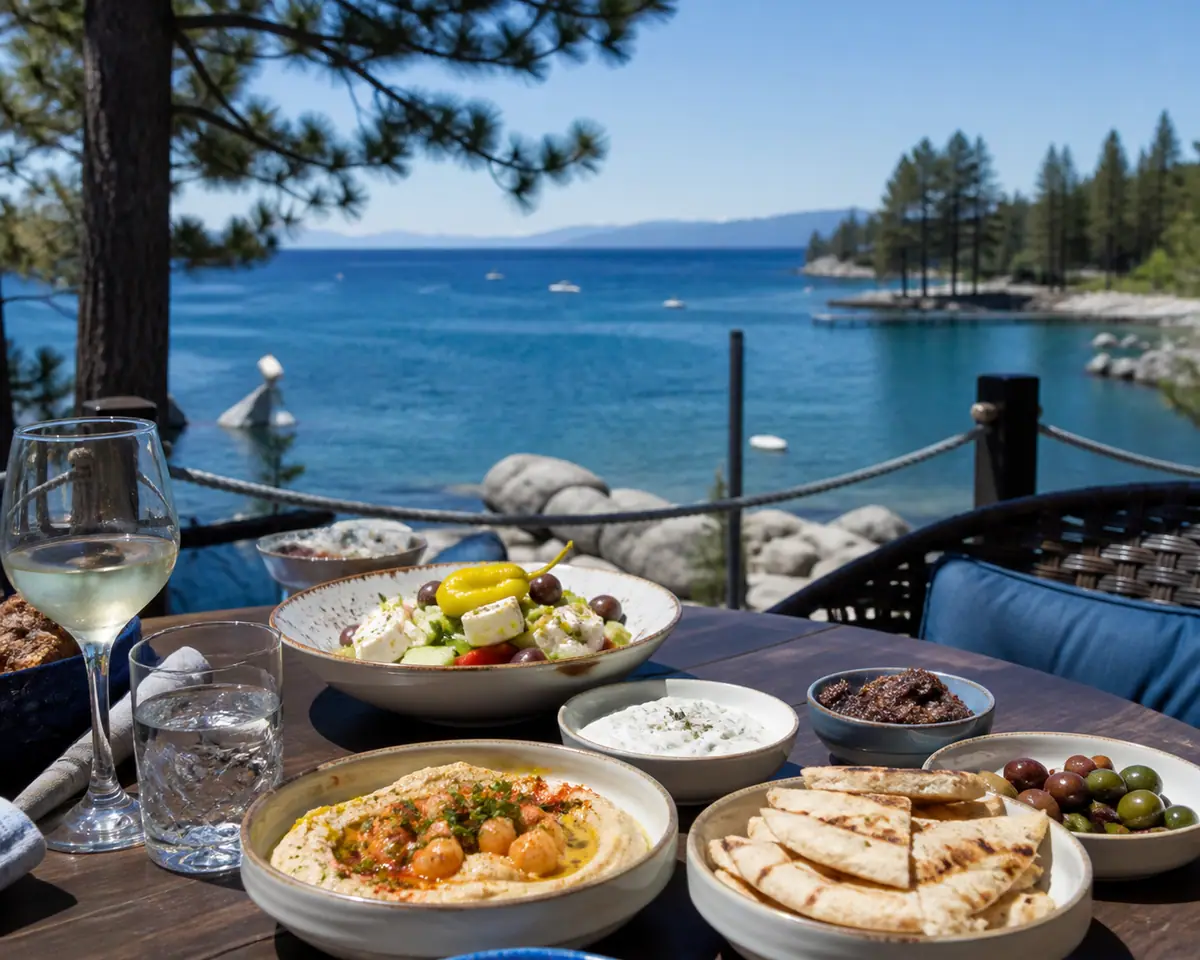 Photorealistic travel-editorial view of Artemis Lakefront Cafe in South Lake Tahoe, California