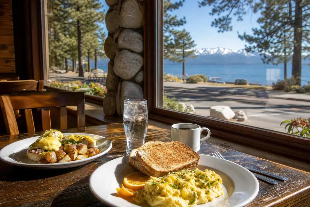 Photorealistic travel-editorial view of Driftwood Cafe in South Lake Tahoe, California