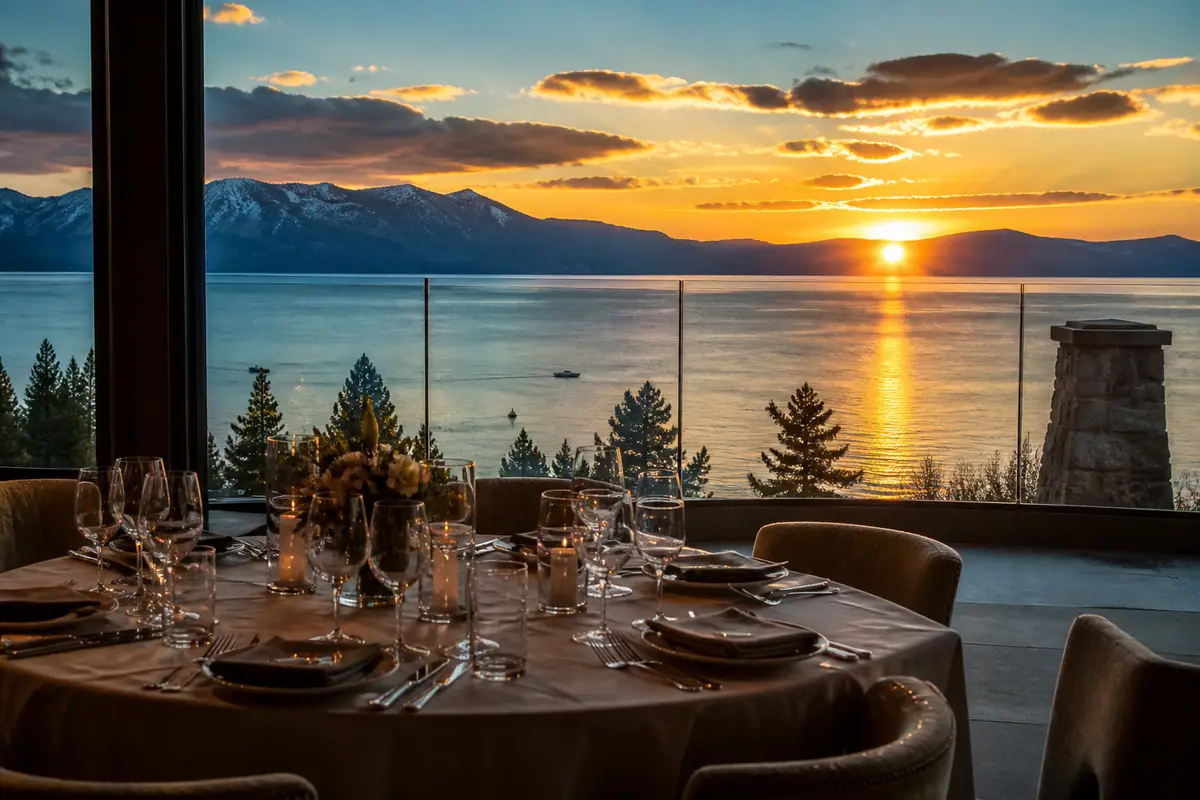 Photorealistic travel-editorial view of Edgewood Restaurant in South Lake Tahoe, California