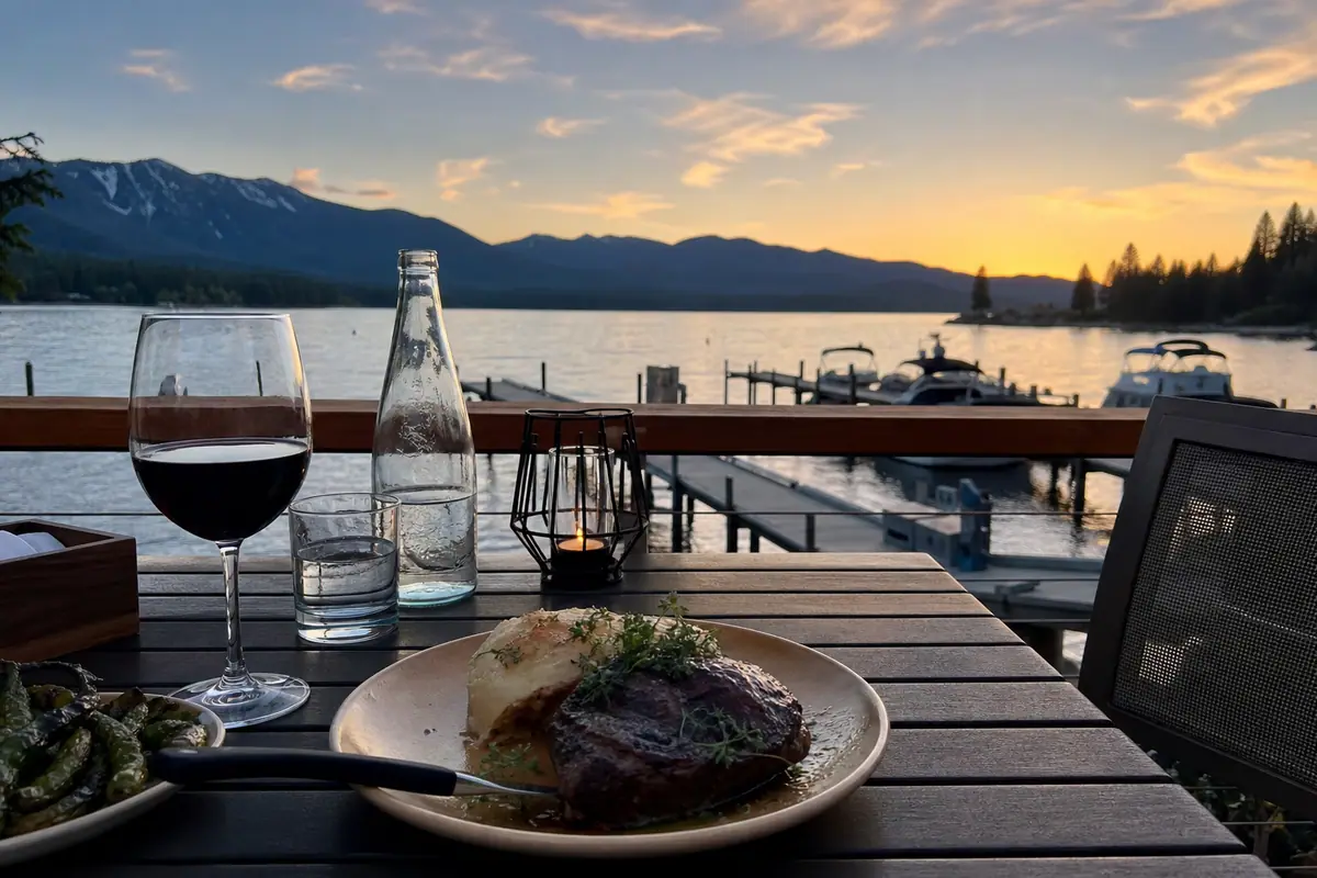 Photorealistic travel-editorial view of Riva Grill in South Lake Tahoe, California