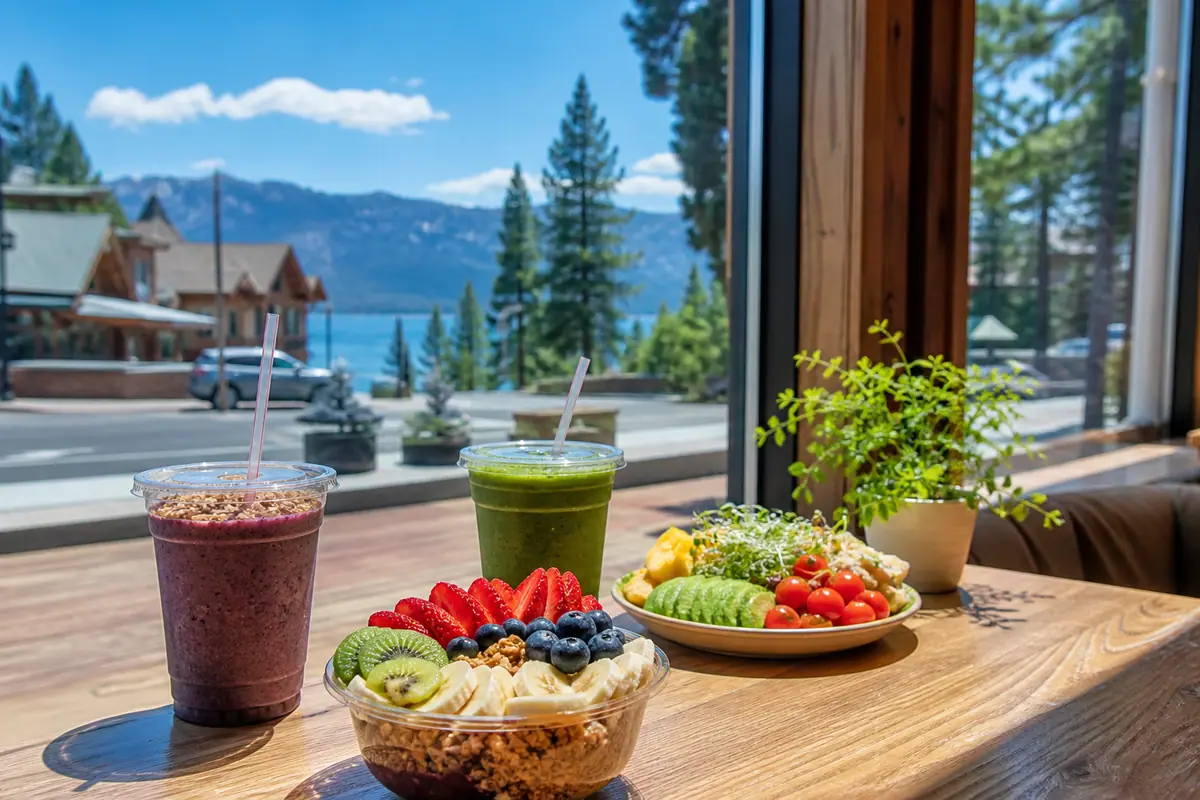 Photorealistic travel-editorial view of Sprouts Cafe in South Lake Tahoe, California