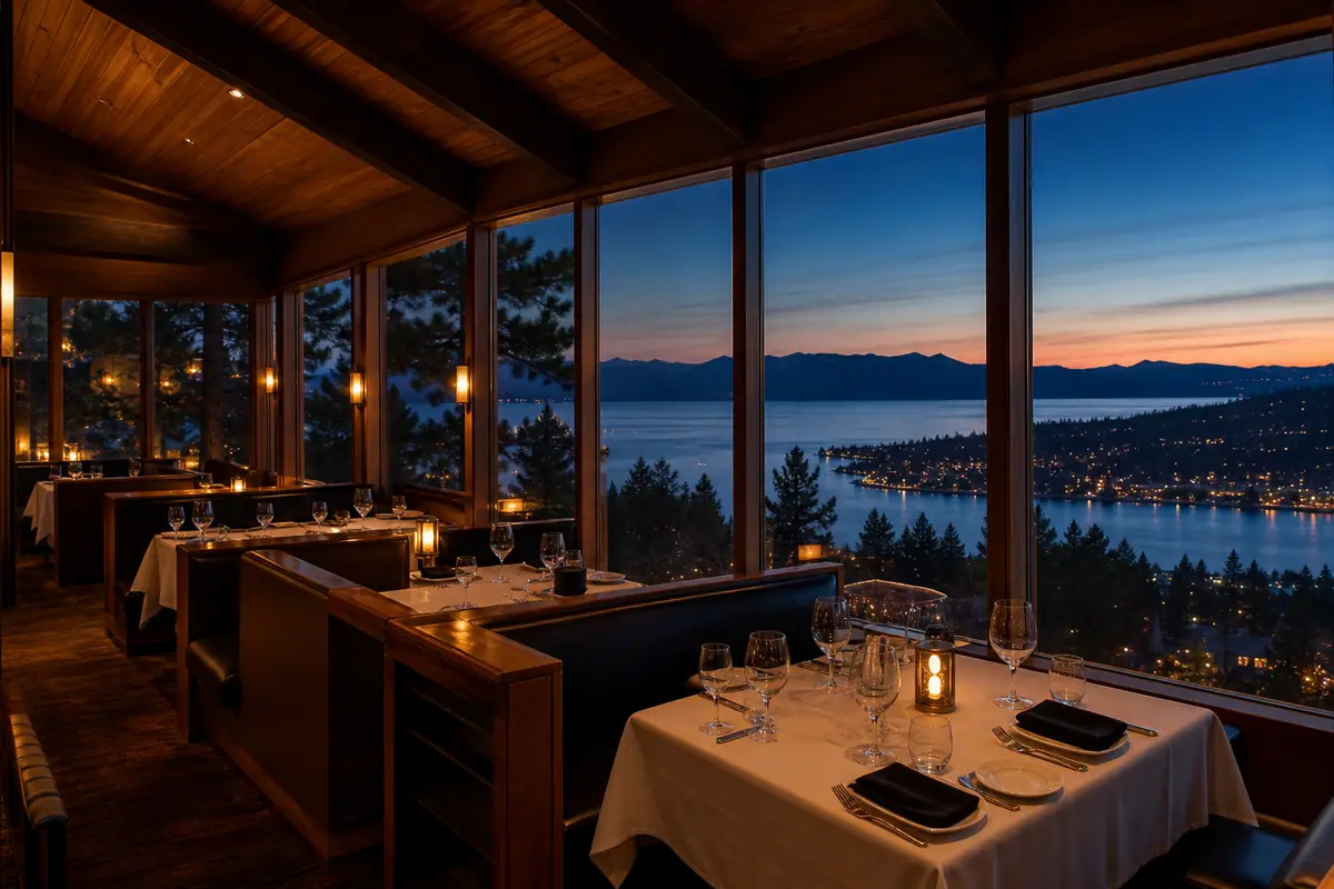 Photorealistic travel-editorial view of The Chart House in South Lake Tahoe, California