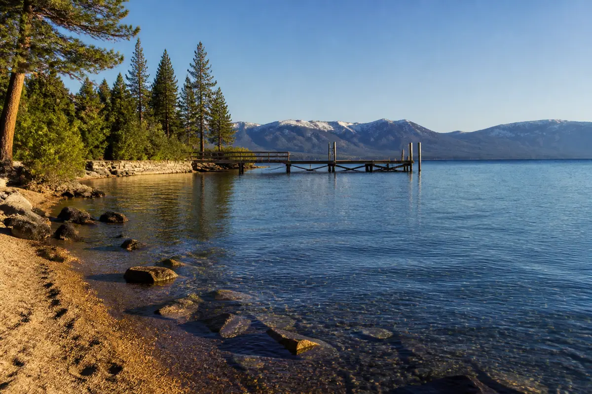 Photorealistic travel-editorial view of Lakeside Beach in South Lake Tahoe, California