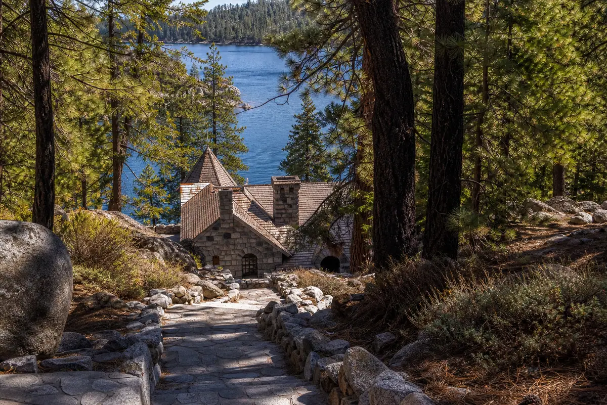 Photorealistic travel-editorial view of Vikingsholm Walk in South Lake Tahoe, California