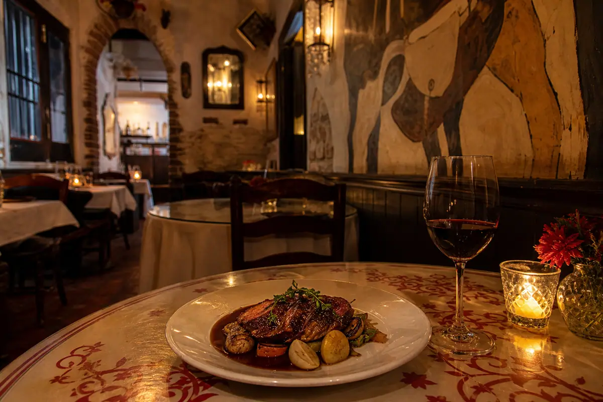 Photoreal travel-editorial view of The Drunken Horse in St. Augustine, Florida