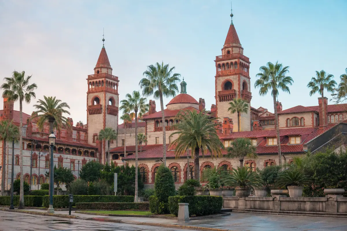 Photoreal travel-editorial view of Flagler College and the former Ponce de Leon Hotel in St. Augustine, Florida