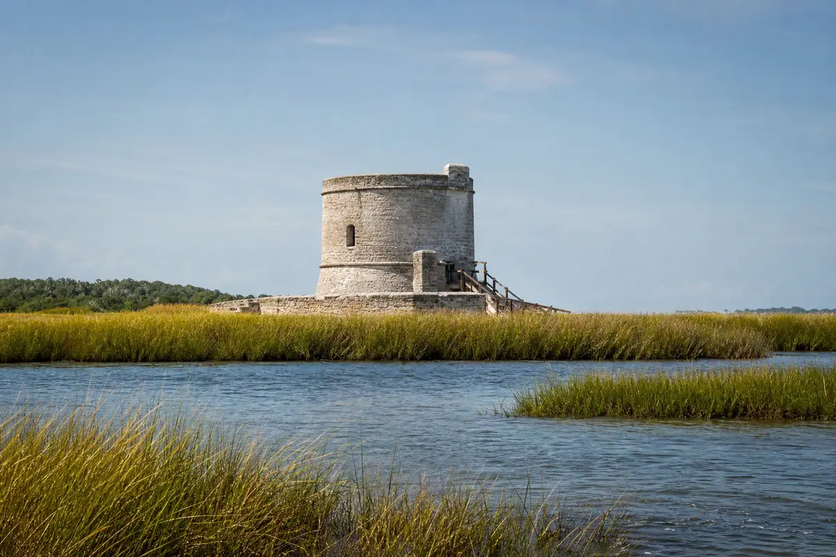 Photoreal travel-editorial view of Fort Matanzas National Monument in St. Augustine, Florida