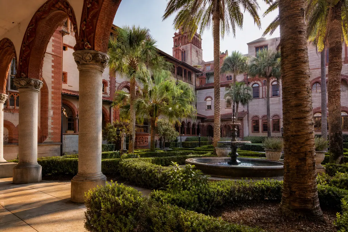 Photoreal travel-editorial view of Lightner Museum in St. Augustine, Florida