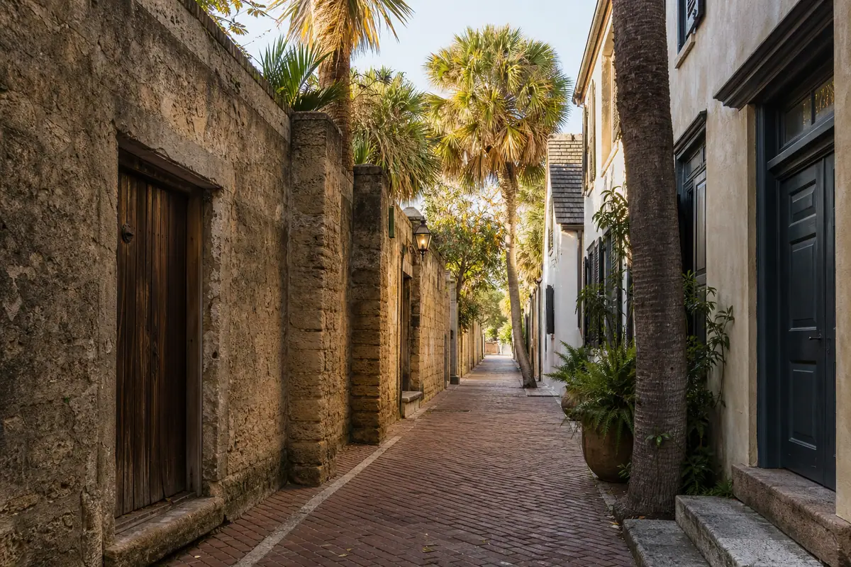 Photoreal travel-editorial view of Old City Gates, Plaza de la Constitución, and Aviles Street in St. Augustine, Florida