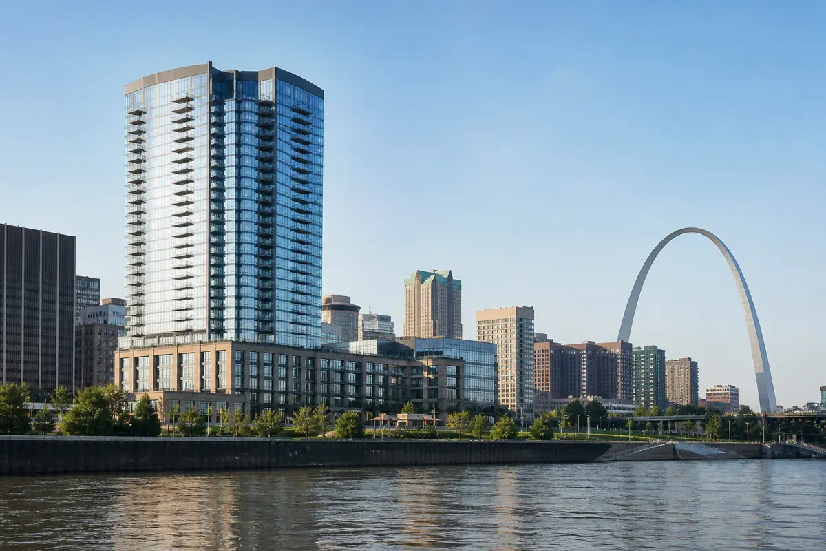 Photoreal travel-editorial view of Four Seasons Hotel St. Louis in St. Louis, Missouri
