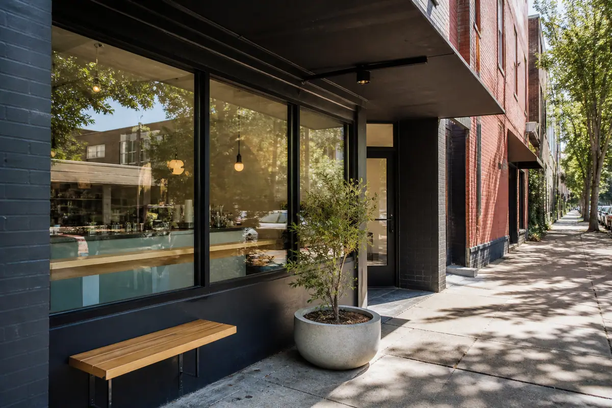 Photoreal travel-editorial view of Comet Coffee in St. Louis, Missouri