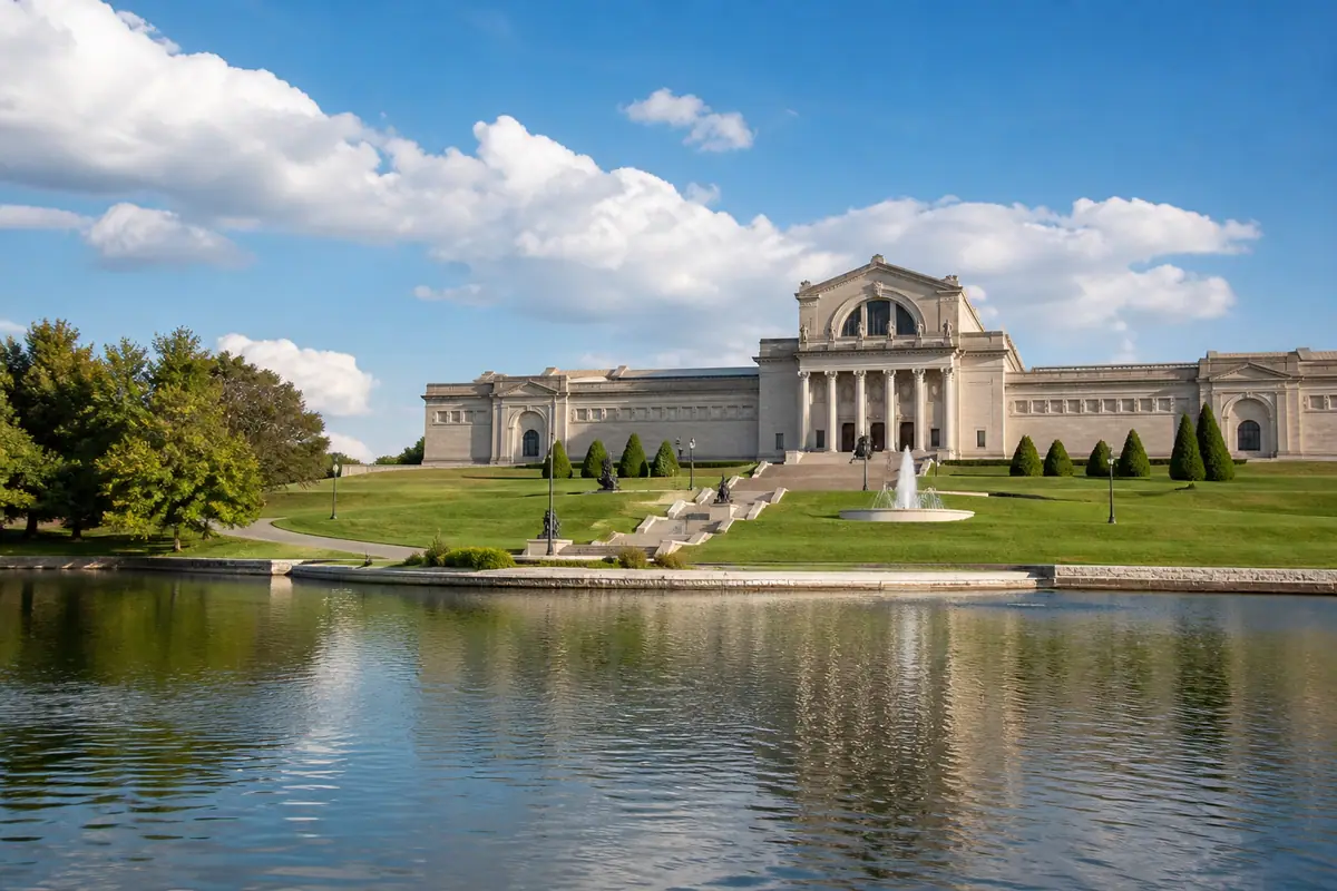 Photoreal travel-editorial view of Saint Louis Art Museum in St. Louis, Missouri