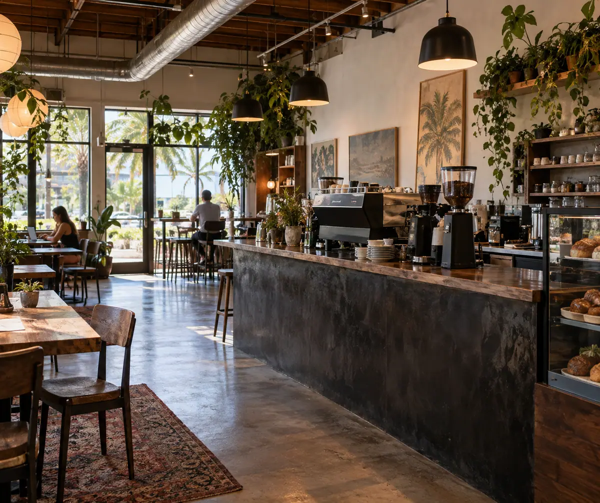 Photoreal travel-editorial view of Bandit Coffee Co. in St. Petersburg, Florida
