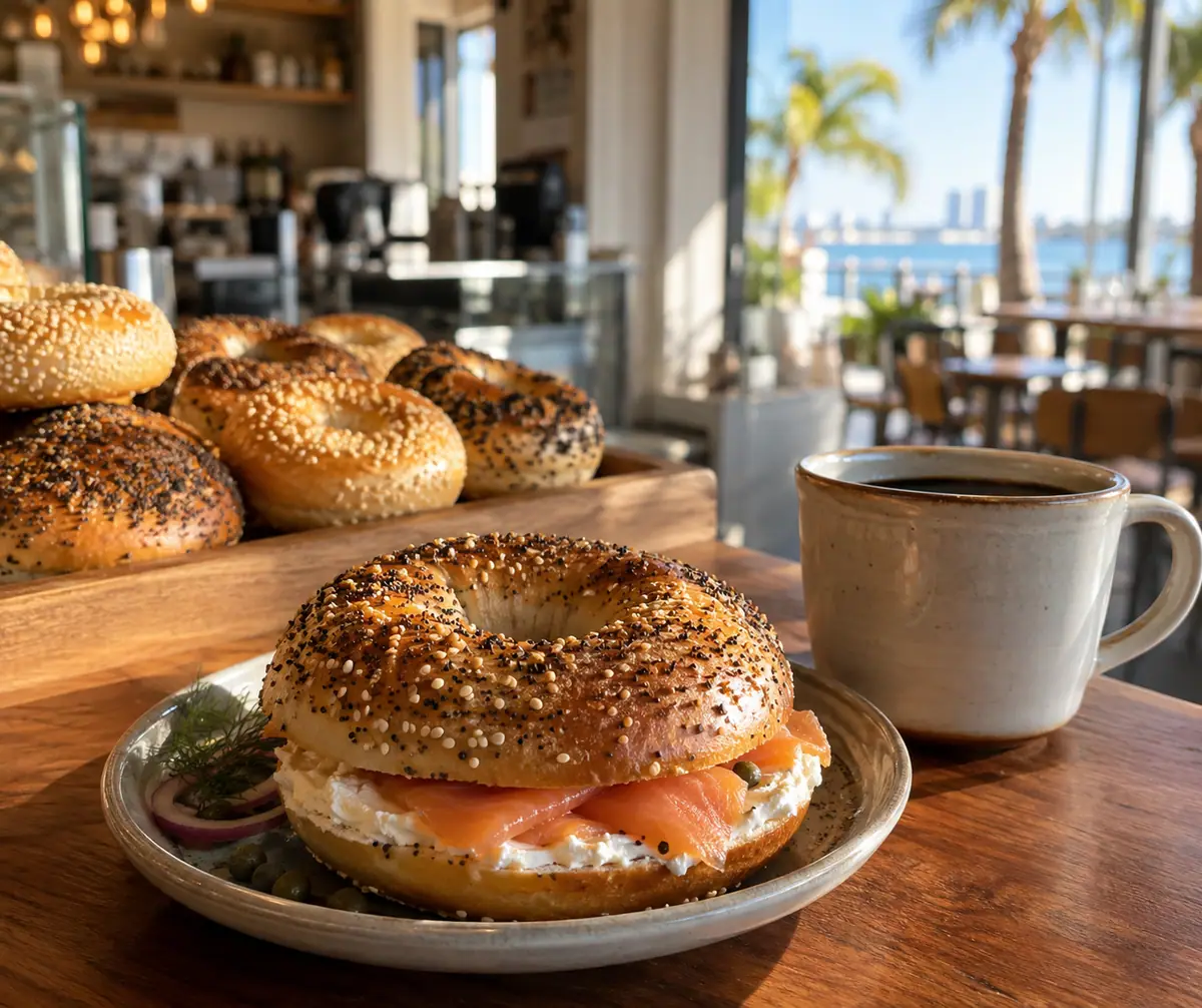 Photoreal travel-editorial view of Pete's Bagels in St. Petersburg, Florida