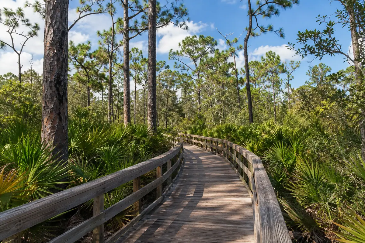 Photoreal travel-editorial view of Boyd Hill Nature Preserve in St. Petersburg, Florida