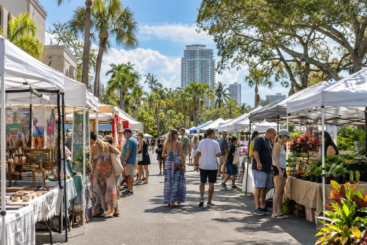 Photoreal travel-editorial view of St. Petersburg Saturday Morning Market in St. Petersburg, Florida