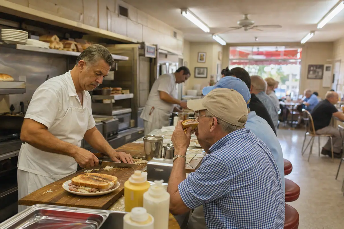 Photoreal travel-editorial dining scene representing Brocato's Sandwich Shop in Tampa