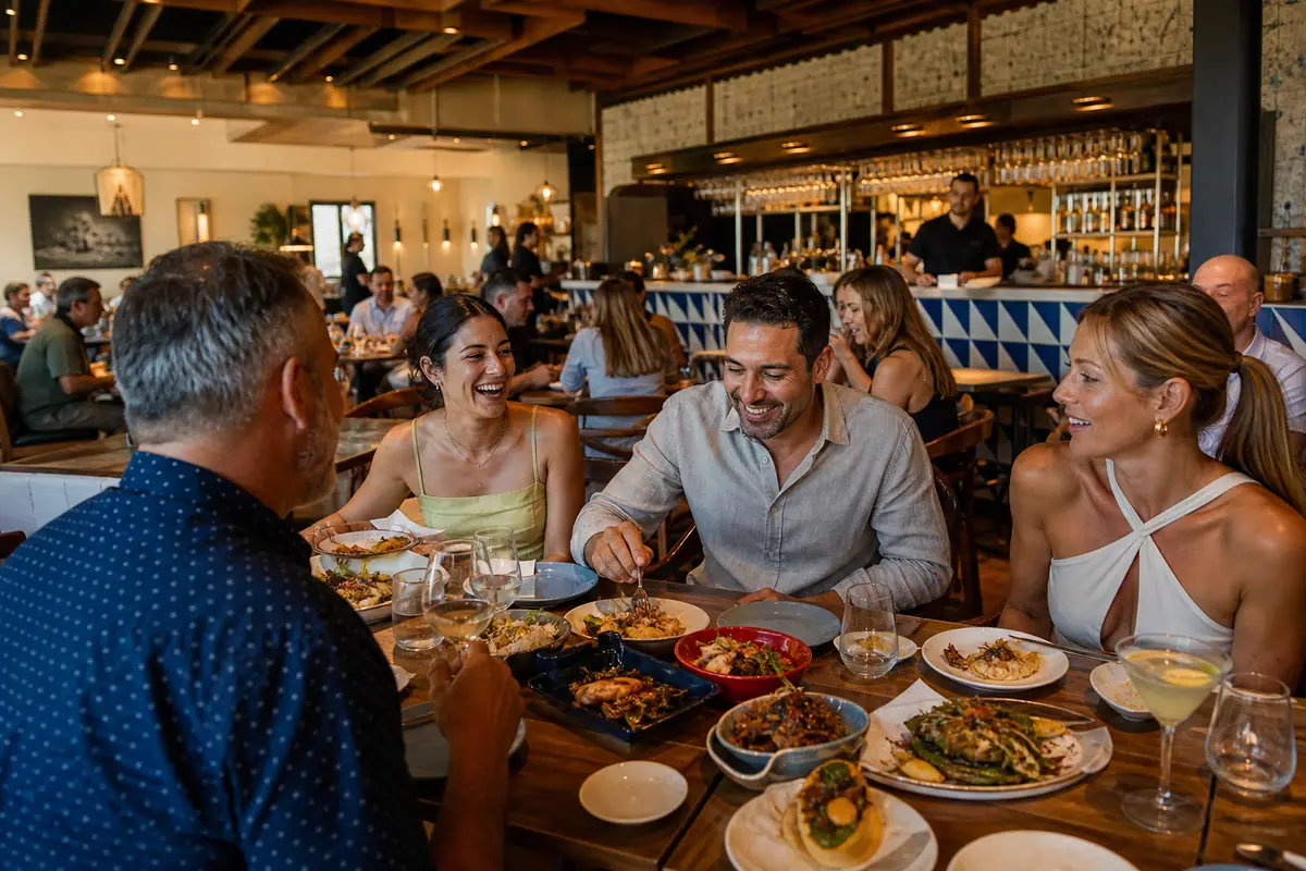 Photoreal travel-editorial dining scene representing Bulla Gastrobar in Tampa