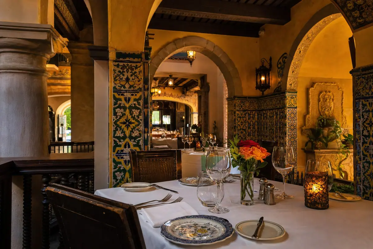 Photoreal travel-editorial dining scene representing Columbia Restaurant in Tampa