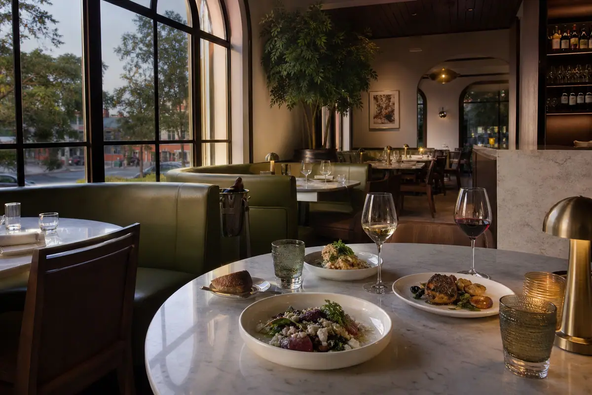Photoreal travel-editorial dining scene representing On Swann in Tampa