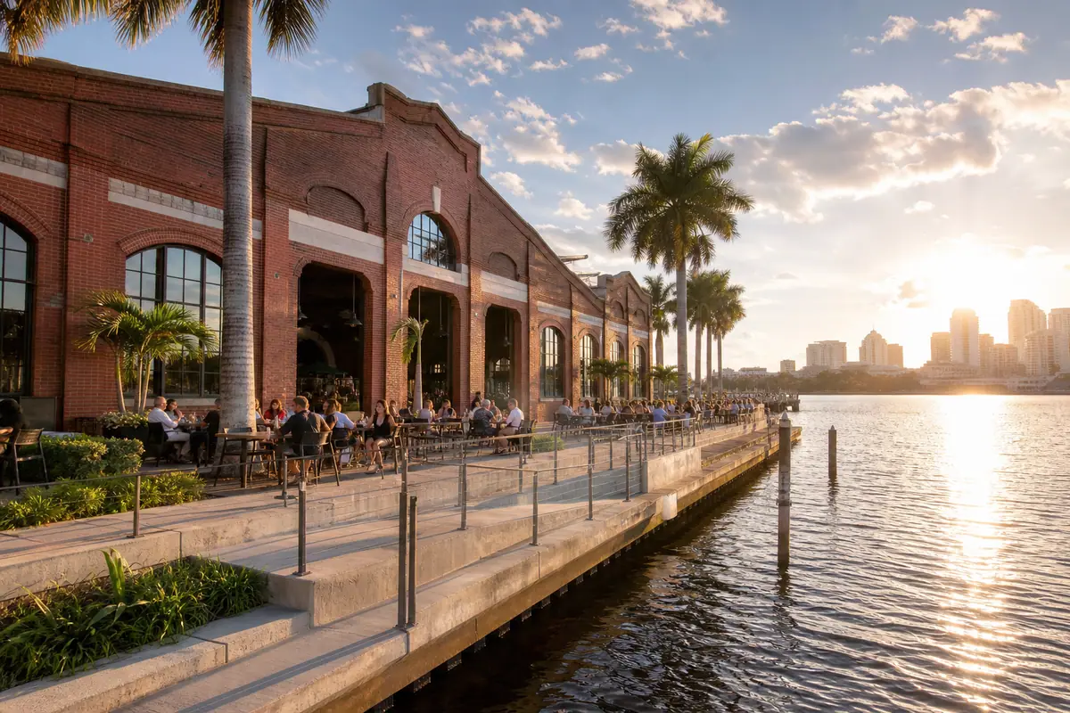 Photoreal travel-editorial scene representing Armature Works and Heights Public Market in Tampa