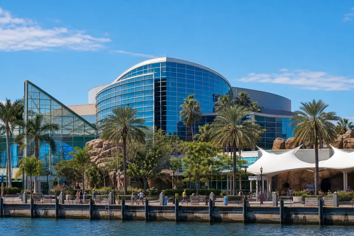 Photoreal travel-editorial scene representing The Florida Aquarium in Tampa