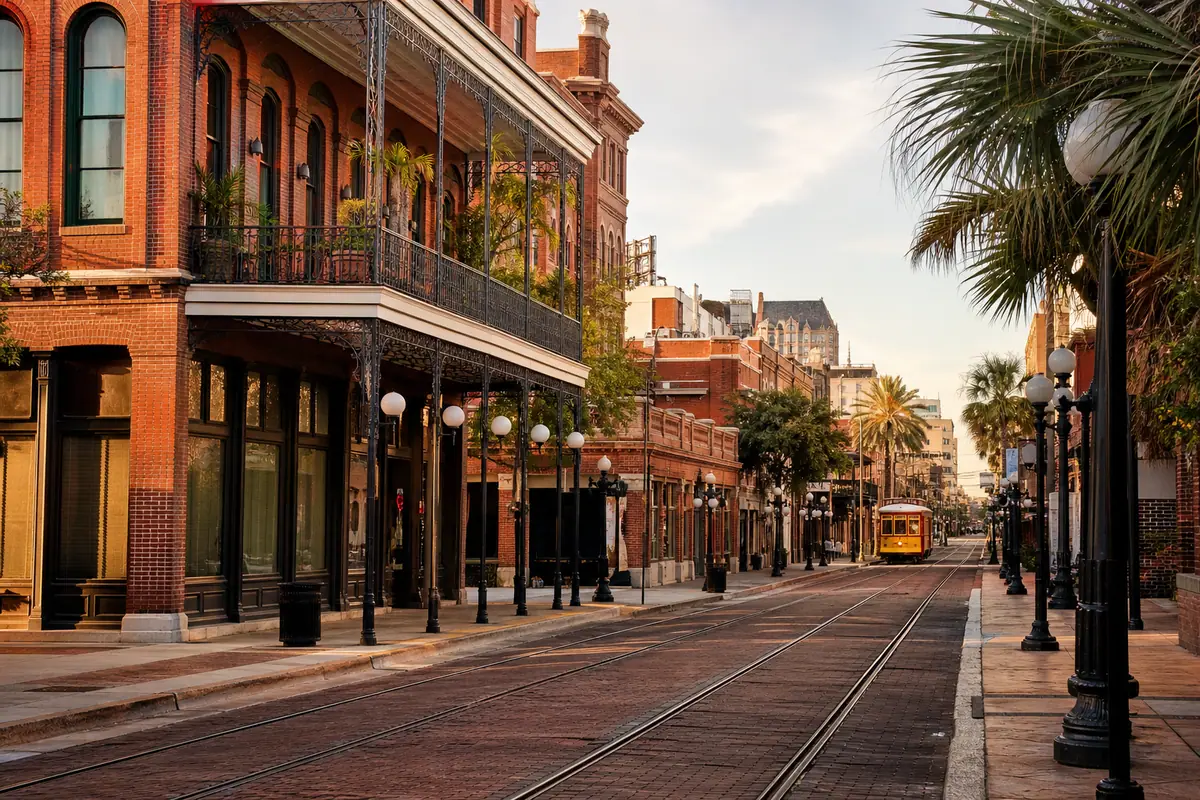 Photoreal travel-editorial scene representing Ybor City Historic District in Tampa