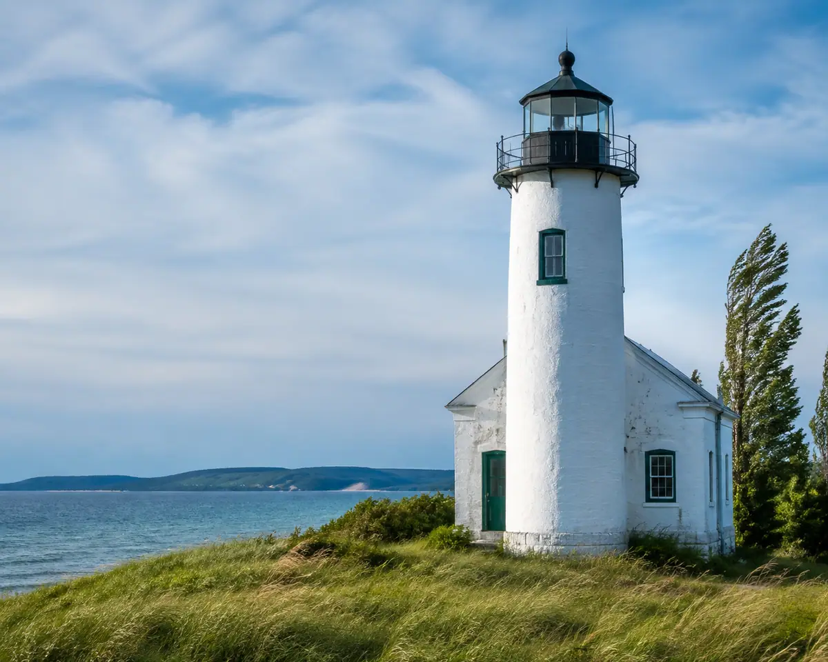 Travel-editorial view of Mission Point Lighthouse in Traverse City, Michigan