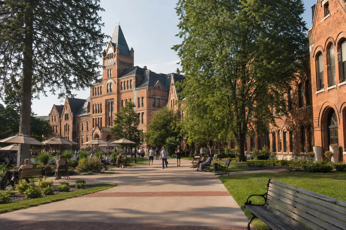 Travel-editorial view of The Village at Grand Traverse Commons in Traverse City, Michigan