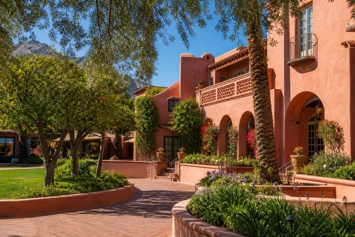 Photoreal travel-editorial view of Arizona Inn in Tucson, Arizona