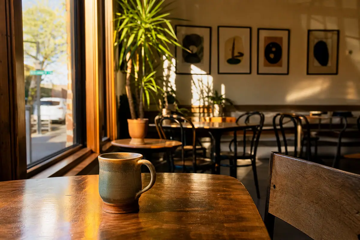 Photoreal travel-editorial view of Raging Sage Coffee Roasters in Tucson, Arizona