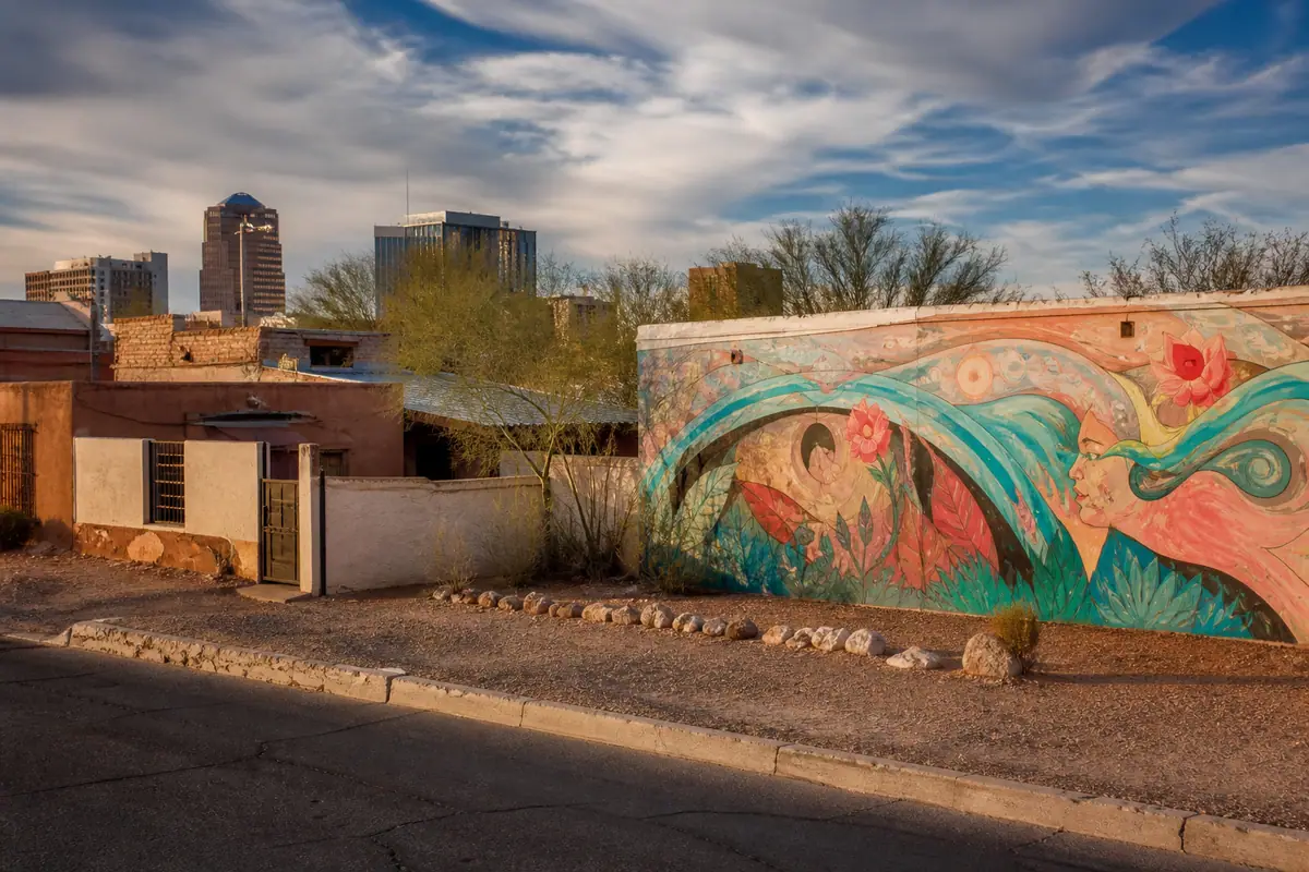 Photoreal travel-editorial view of Barrio Viejo and Downtown Mural Walk in Tucson, Arizona