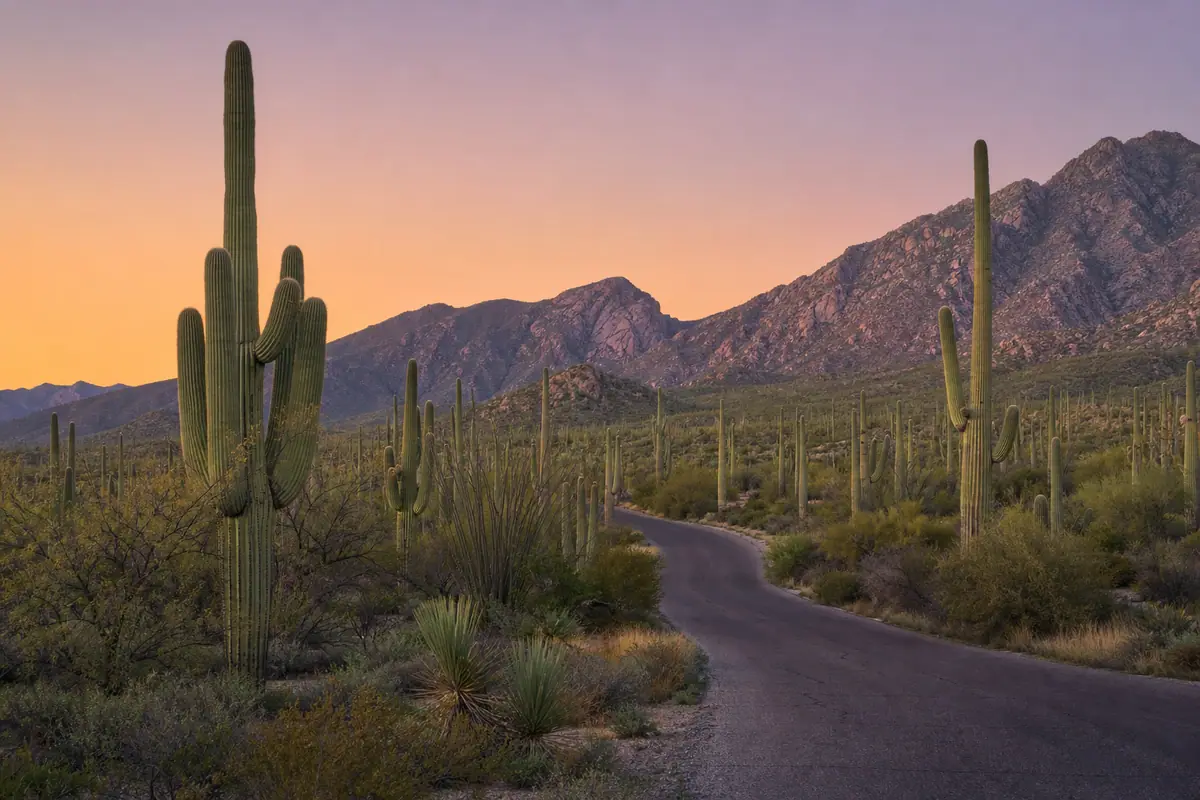 Photoreal travel-editorial view of Saguaro National Park East in Tucson, Arizona
