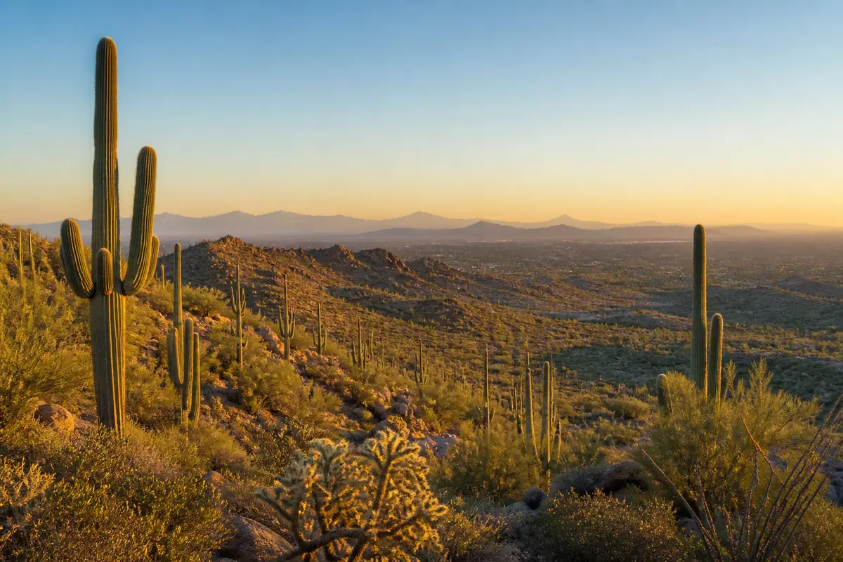 Photoreal travel-editorial view of Saguaro National Park West in Tucson, Arizona