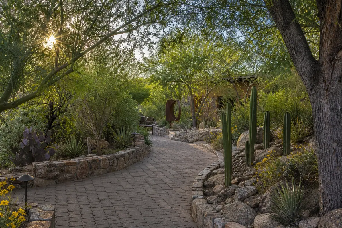Photoreal travel-editorial view of Tohono Chul in Tucson, Arizona