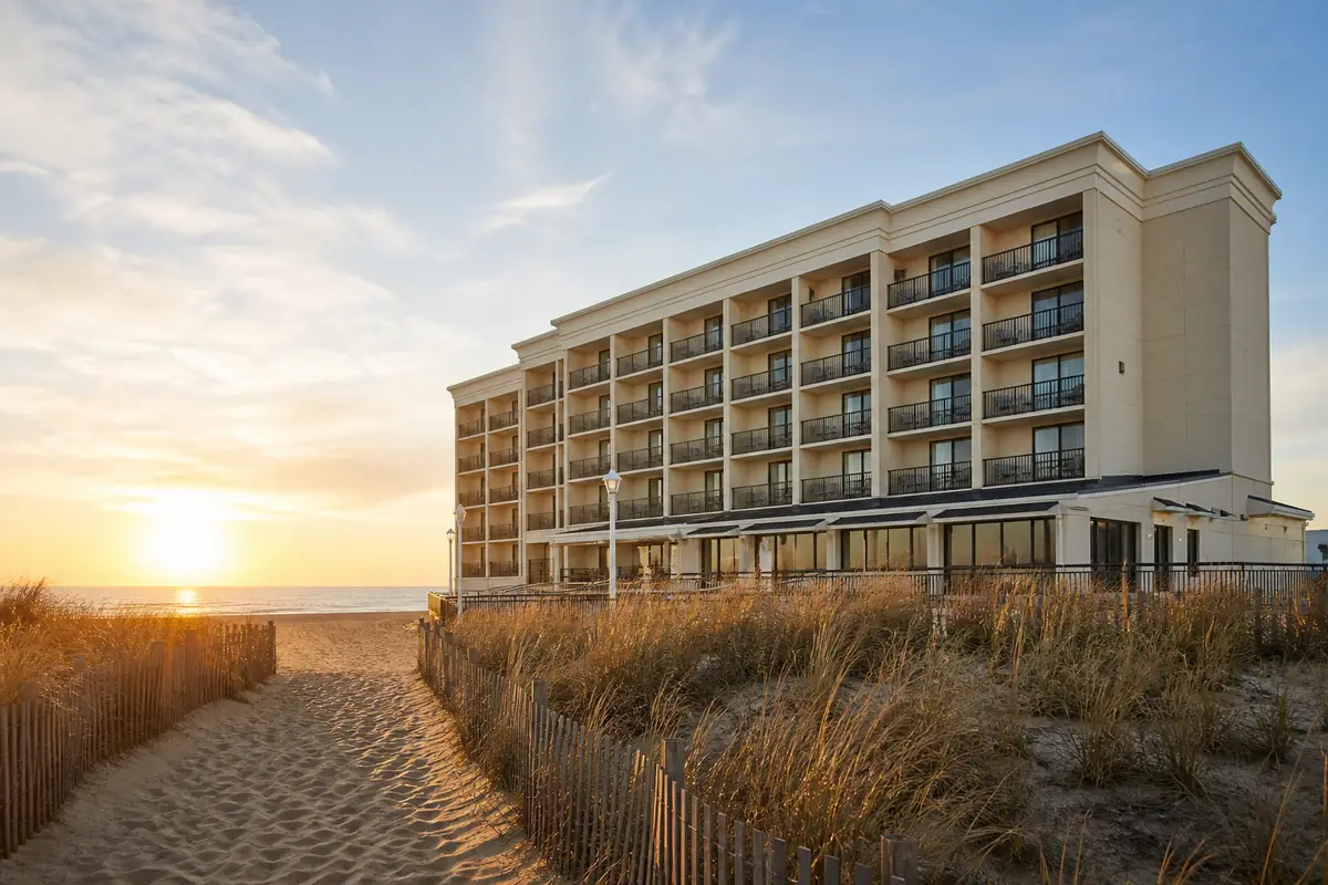 Photoreal travel-editorial view of Hampton Inn Virginia Beach-Oceanfront North in Virginia Beach, Virginia