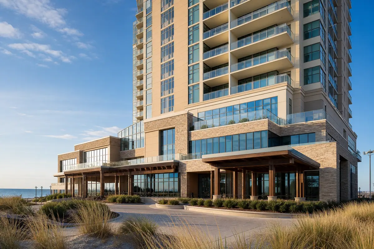 Photoreal travel-editorial view of Marriott Virginia Beach Oceanfront in Virginia Beach, Virginia