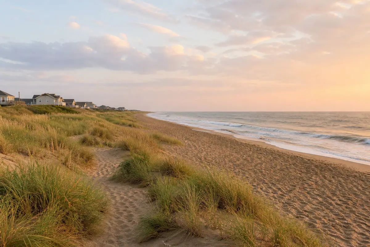 Photoreal travel-editorial view of Sandbridge Beach in Virginia Beach, Virginia