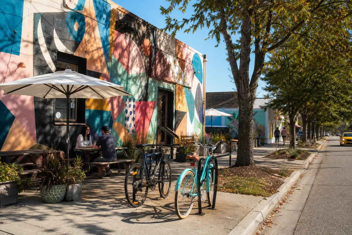 Photoreal travel-editorial view of ViBe Creative District in Virginia Beach, Virginia