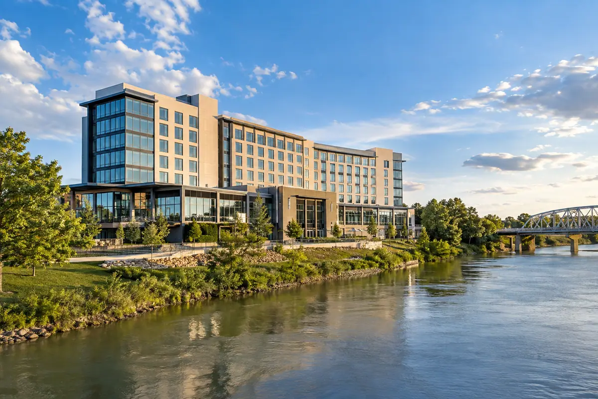 Photoreal travel-editorial view of Hilton Waco in Waco, Texas
