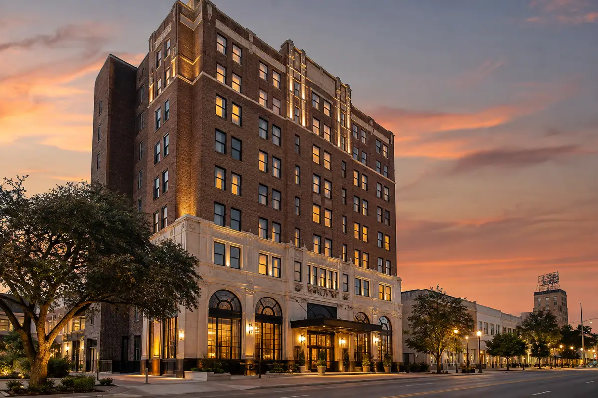 Photoreal travel-editorial view of Hotel 1928 in Waco, Texas