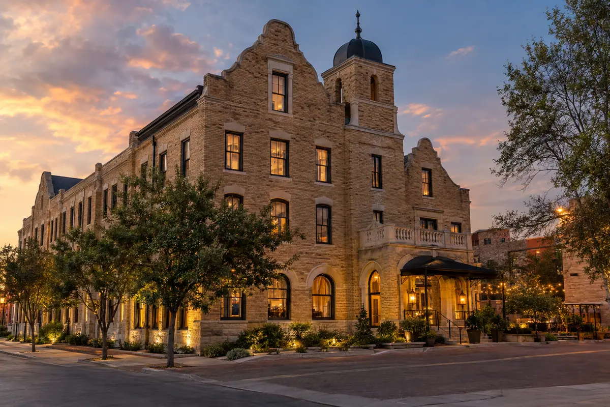 Photoreal travel-editorial view of Pivovar Hotel in Waco, Texas