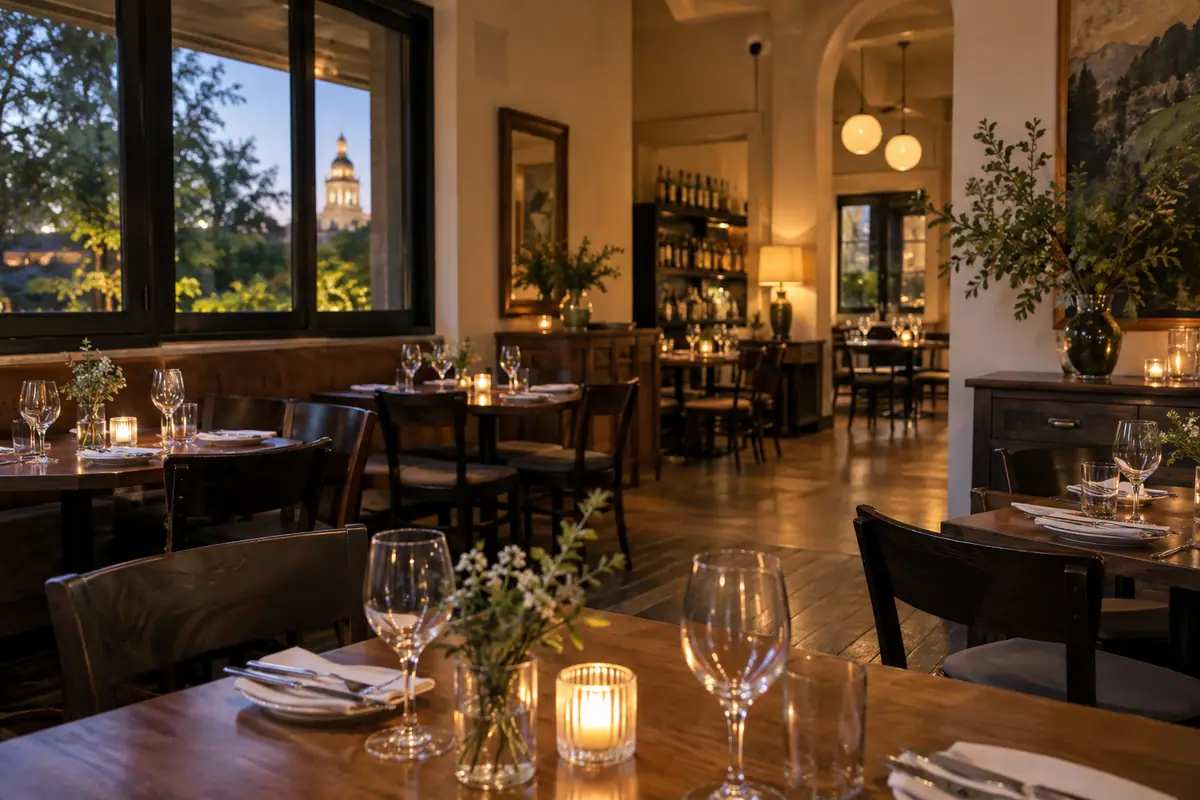 Photoreal travel-editorial view of 1424 Bistro in Waco, Texas