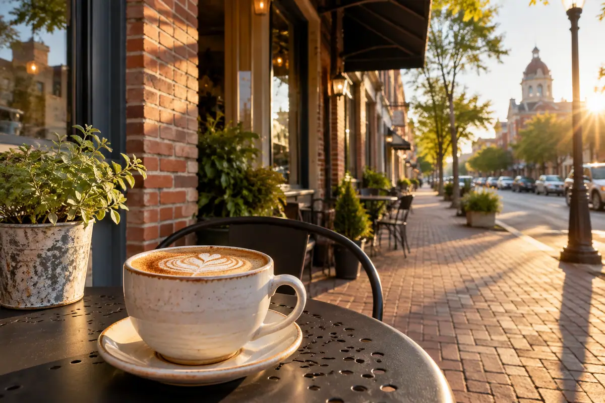Photoreal travel-editorial view of Cafe Cappuccino in Waco, Texas