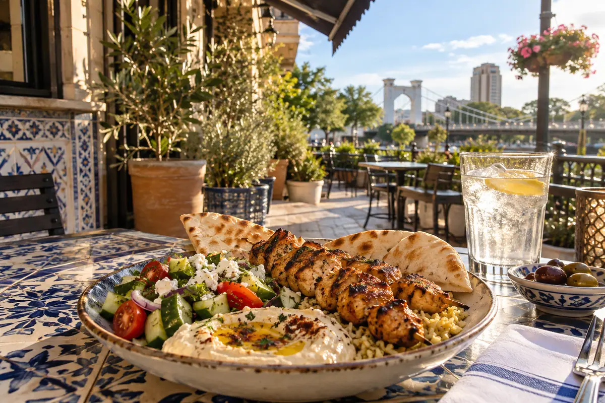 Photoreal travel-editorial view of D's Mediterranean Grill in Waco, Texas